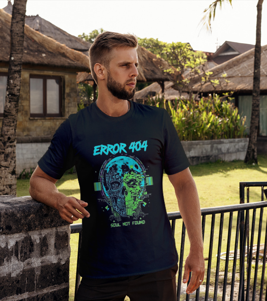 Error 404 Soul Not Found Cyber Skull Glitch Retro Tech Aesthetic T-Shirt
