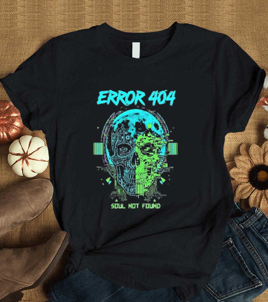 Error 404 Soul Not Found Cyber Skull Glitch Retro Tech Aesthetic T-Shirt