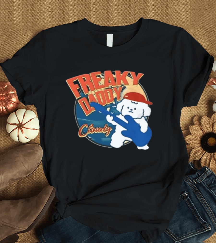 Freaky Daddy Cloudy Cartoon Dog Red Cap Playing Guitar T-Shirt