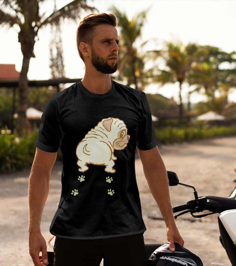 Pug Looking Back With Paw Prints Dog Cute Canine T-Shirt