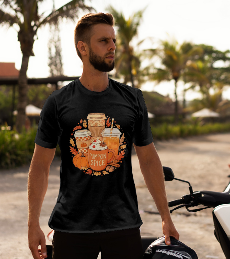 Pumpkin Spice Fall Coffee Drinks Autumn Leaves Acorns Cinnamon Sticks T-Shirt