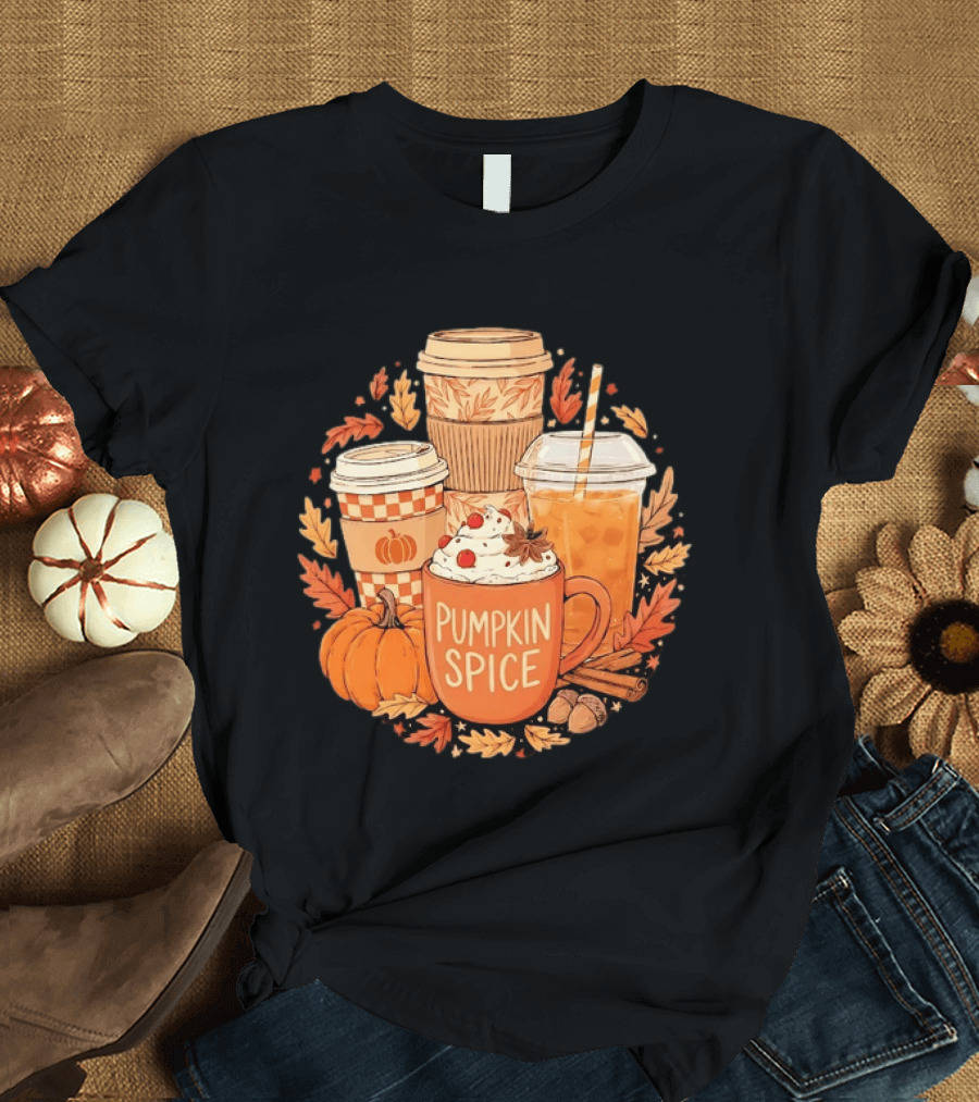 Pumpkin Spice Fall Coffee Drinks Autumn Leaves Acorns Cinnamon Sticks T-Shirt