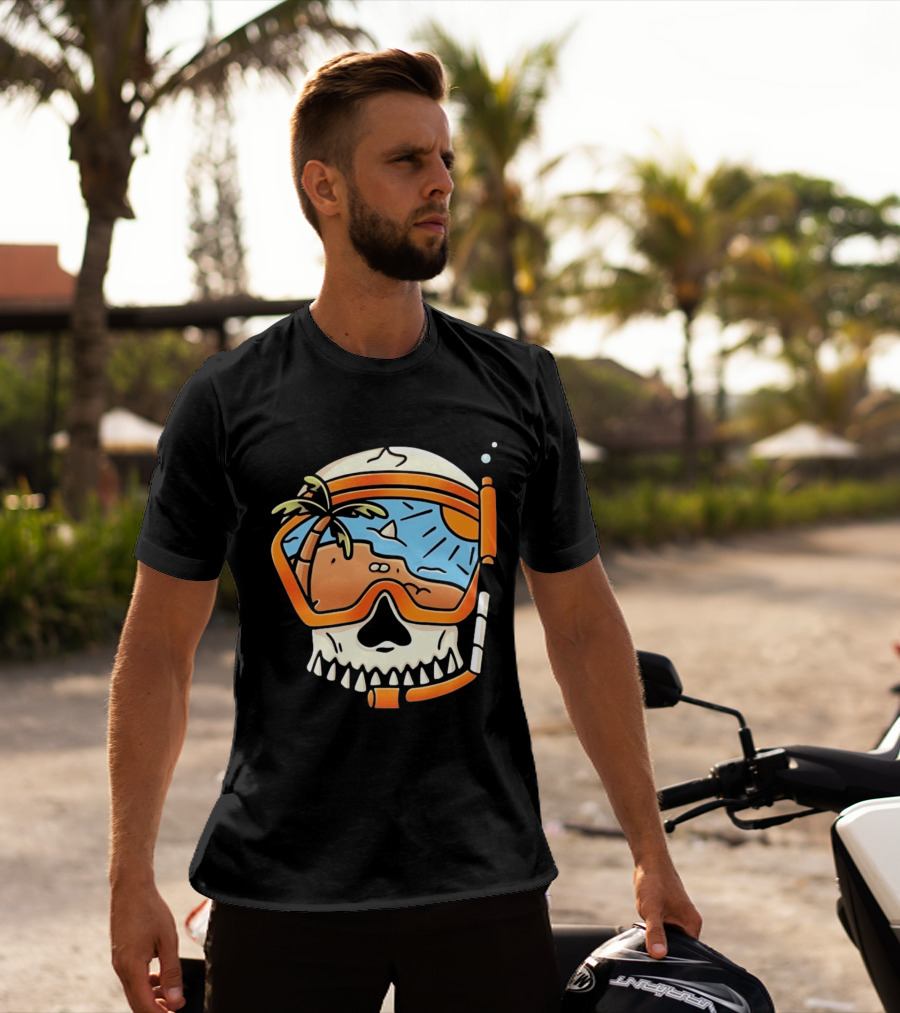 Skull Wearing Snorkel Mask With Tropical Beach Scene Palm Tree Sun T-Shirt