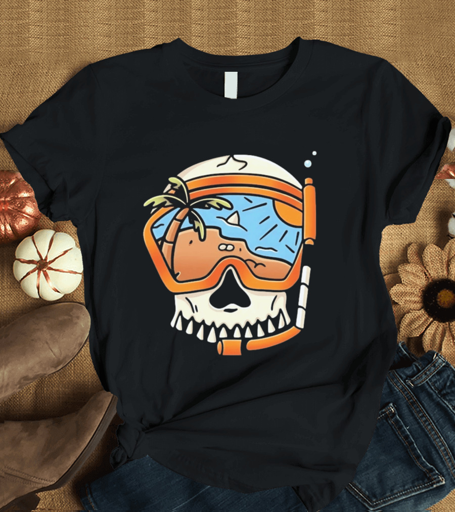 Skull Wearing Snorkel Mask With Tropical Beach Scene Palm Tree Sun T-Shirt