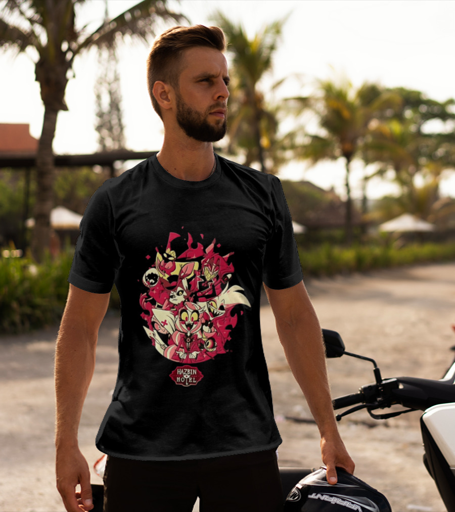Hazbin Hotel Demon Characters Group Red Sparkles Cartoon Alastor Angel Dust Charlie Vaggie T-Shirt
