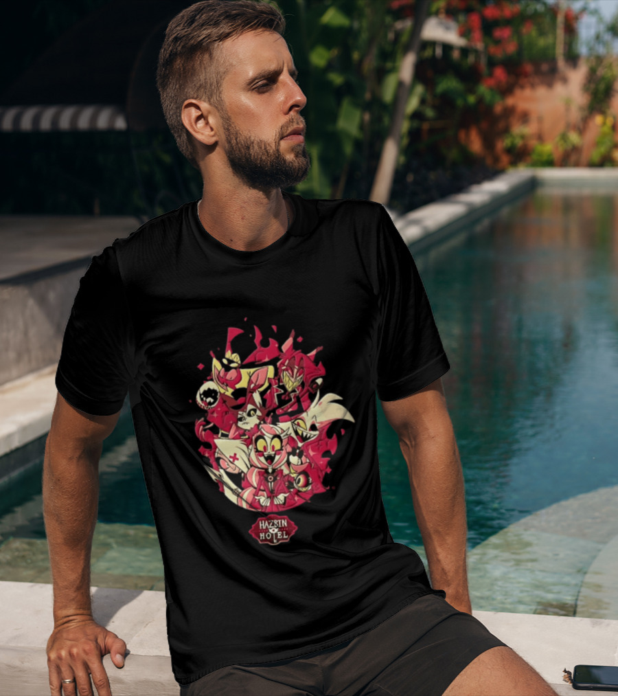 Hazbin Hotel Demon Characters Group Red Sparkles Cartoon Alastor Angel Dust Charlie Vaggie T-Shirt