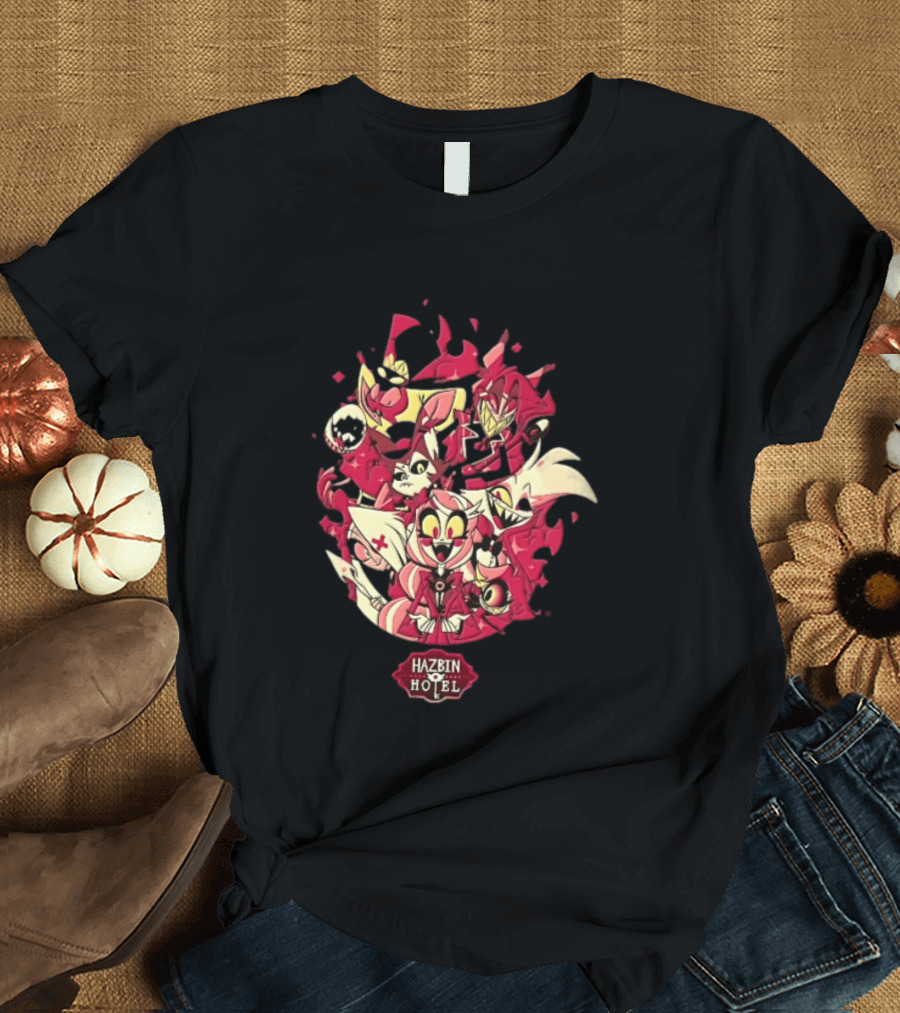 Hazbin Hotel Demon Characters Group Red Sparkles Cartoon Alastor Angel Dust Charlie Vaggie T-Shirt