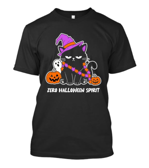 Zero Halloween Spirit Grumpy Black Cat With Pumpkin Ghost And Hat T-Shirt