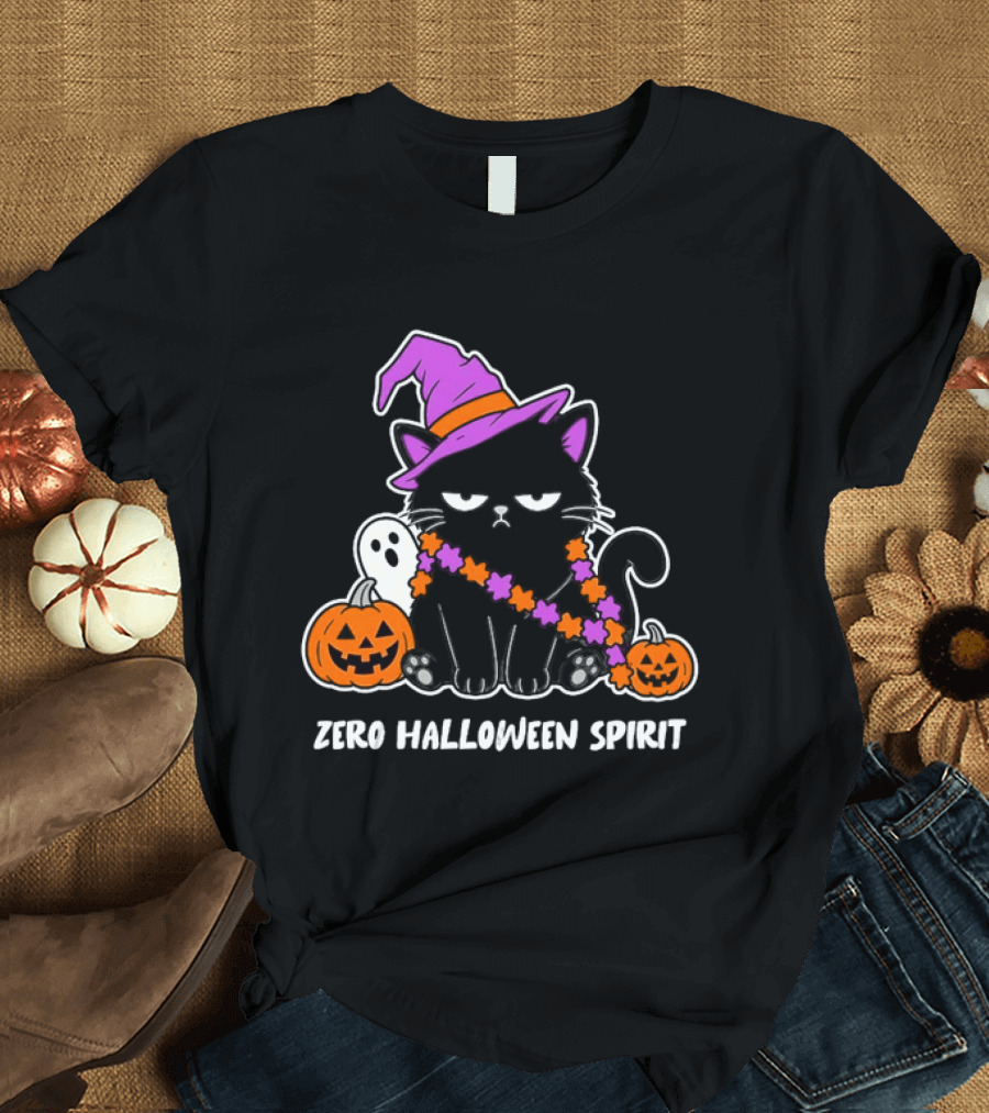 Zero Halloween Spirit Grumpy Black Cat With Pumpkin Ghost And Hat T-Shirt