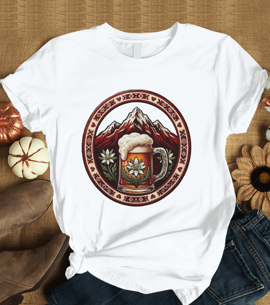 Alpine Beer Edelweiss Mountain Peaks Bavarian Heart Border T-Shirt