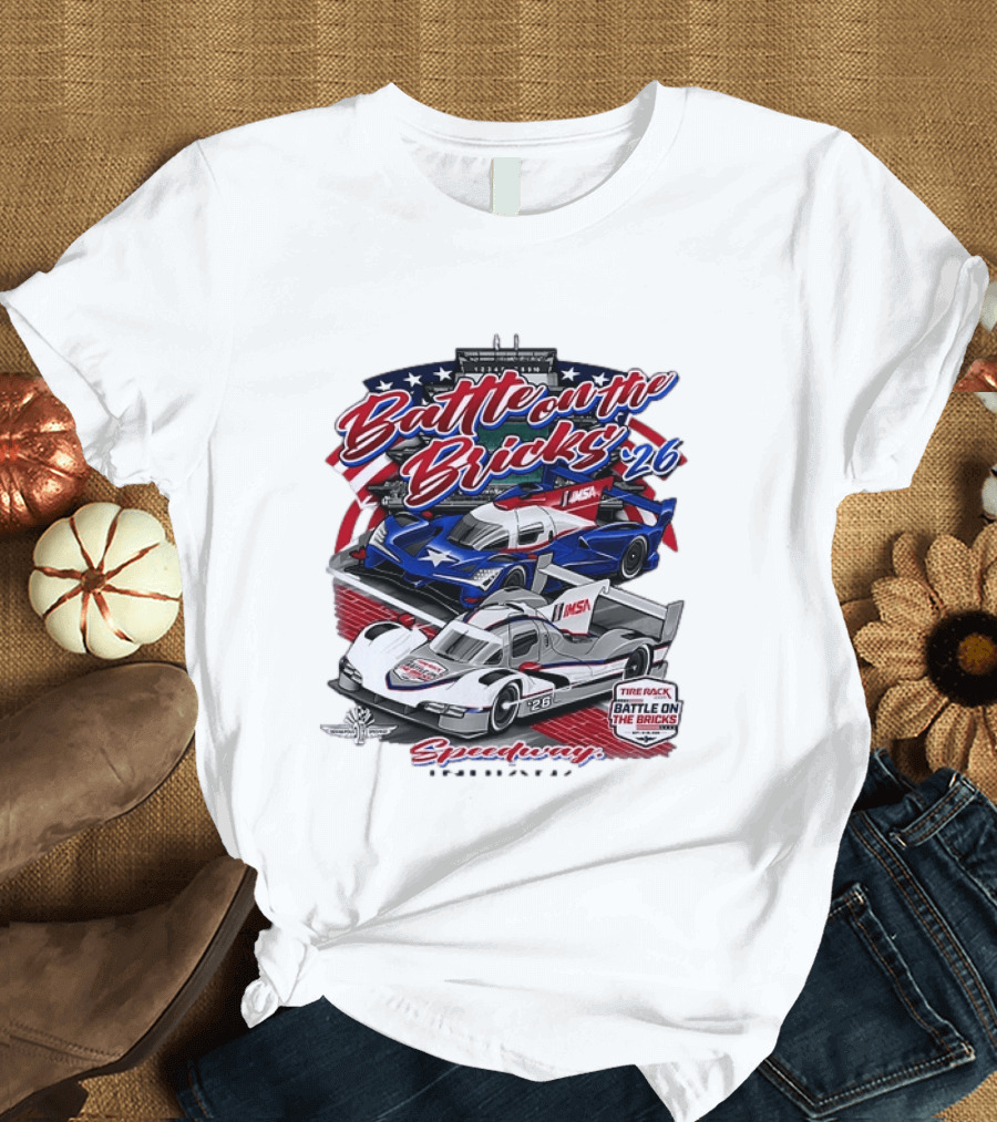 Battle On The Bricks '26 IMSA Indianapolis Motor Speedway Tire Rack Racing Cars T-Shirt