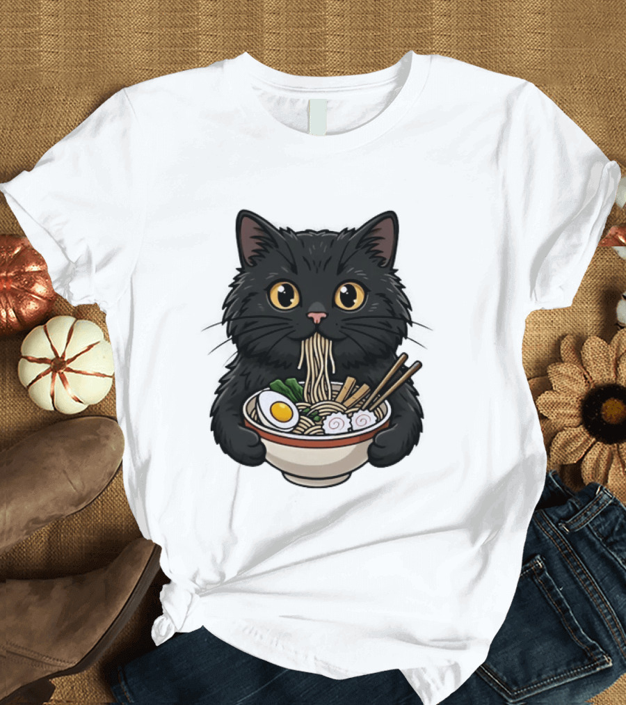 Black Cat Enjoying Ramen Noodles Anime T-Shirt