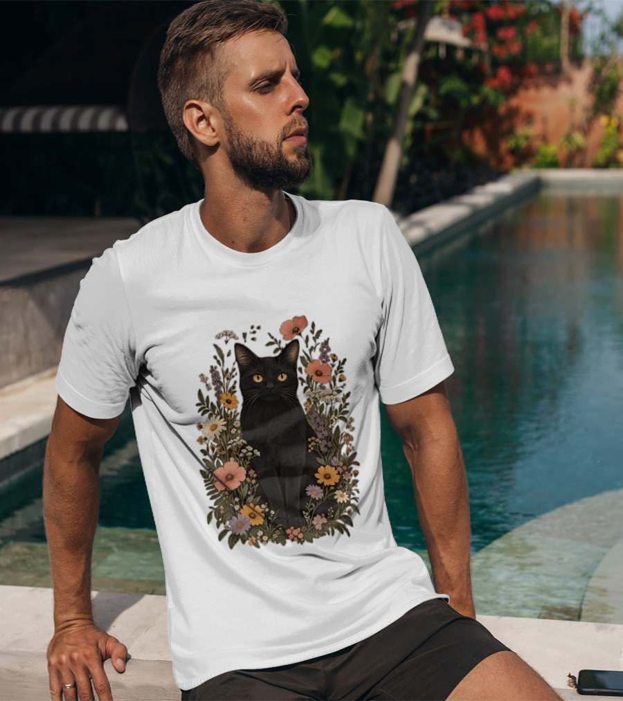 Black Cat In Blooming Garden Of Wildflowers T-Shirt