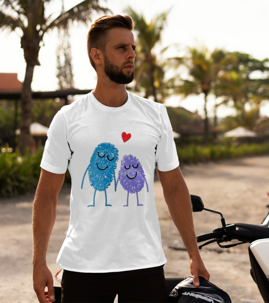 Blue Purple Fingerprint Characters Holding Hands Red Heart Cartoon T-Shirt