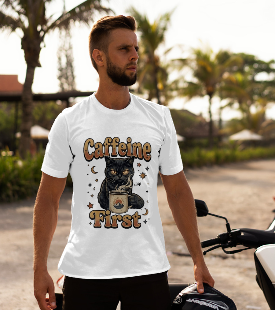 Caffeine First Cat With Coffee Moon Stars T-Shirt