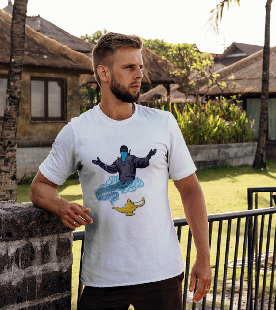 Dread Pirate Roberts Genie Man In Black With Golden Magic Lamp Halftone Cartoon T-Shirt