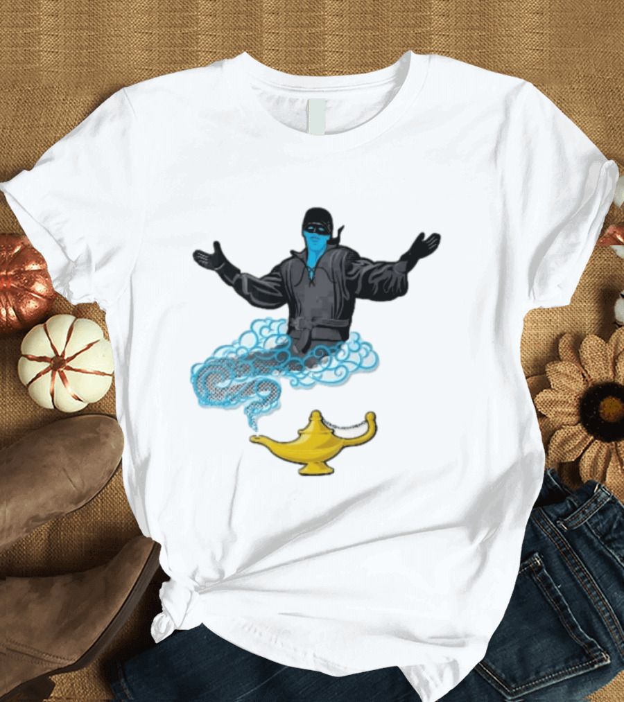 Dread Pirate Roberts Genie Man In Black With Golden Magic Lamp Halftone Cartoon T-Shirt