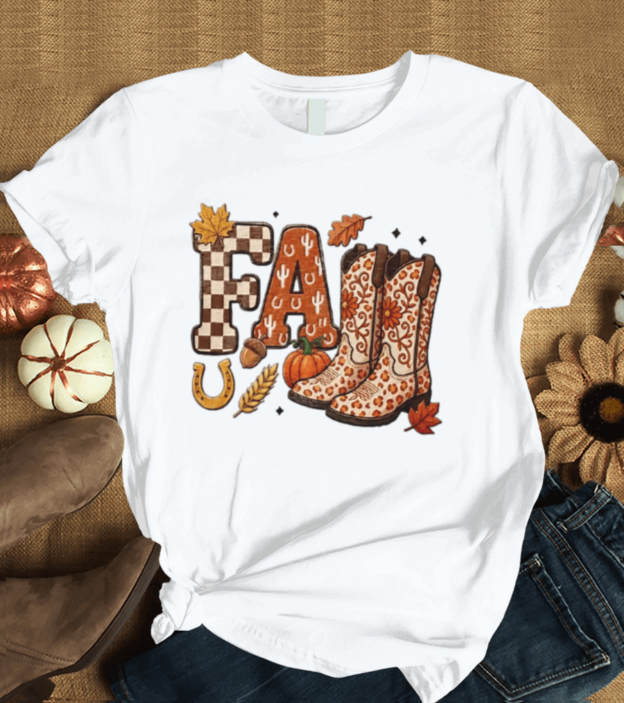 Fall Western Cowboy Boots Pumpkin Horseshoe Wheat Harvest Season T-Shirt
