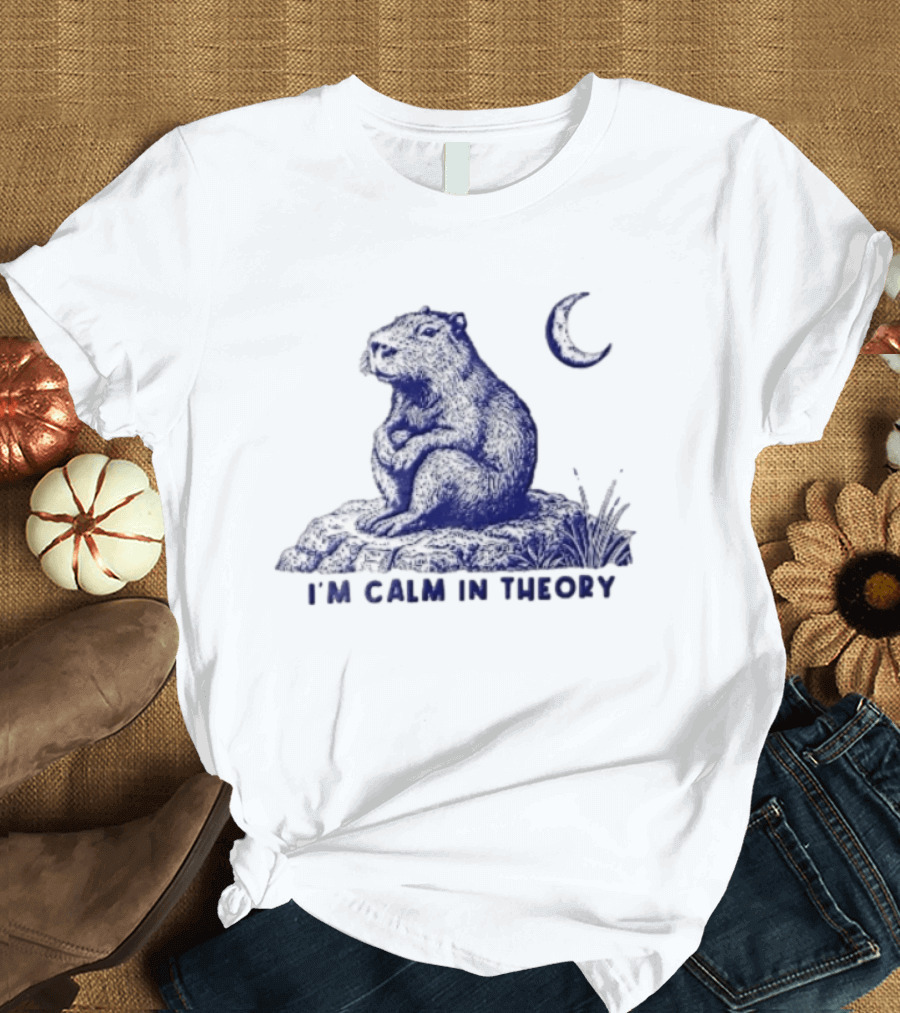 I'm Calm In Theory Capybara Sitting On Rock Under Crescent Moon T-Shirt
