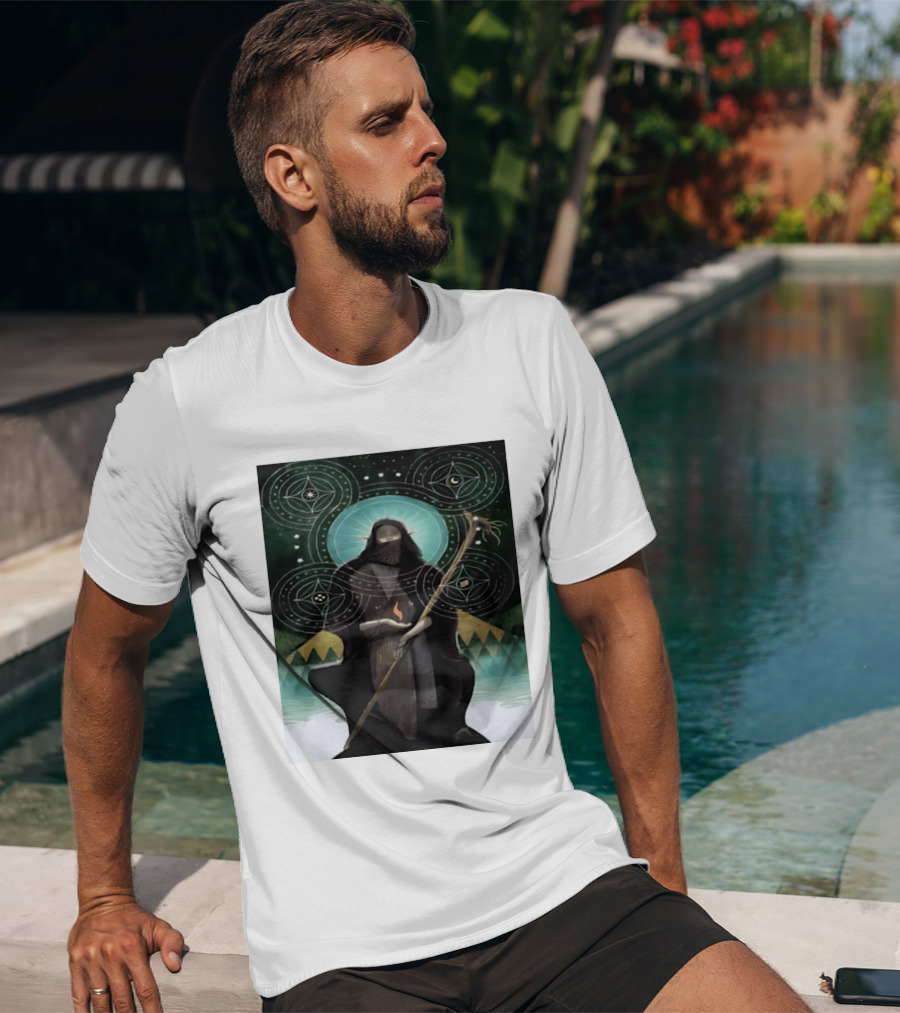Mystical Elf Mage Staff Elemental Magic Symbols Enchanted Circles T-Shirt
