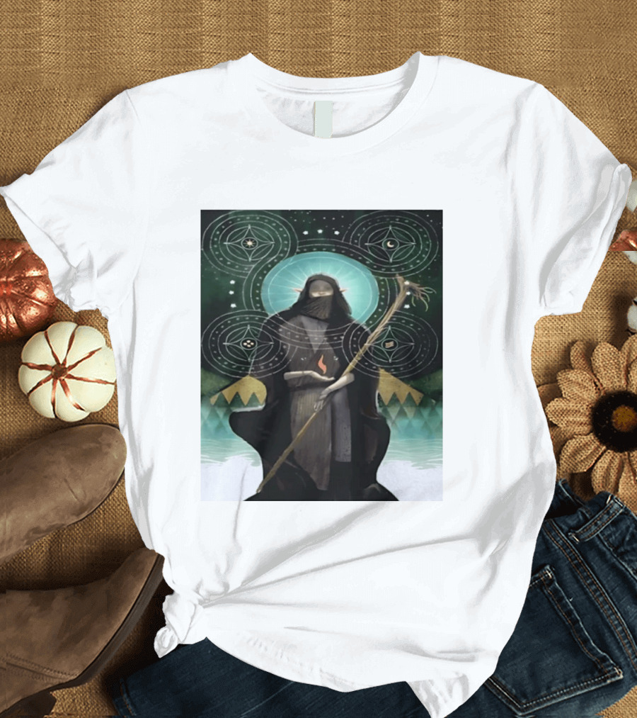Mystical Elf Mage Staff Elemental Magic Symbols Enchanted Circles T-Shirt