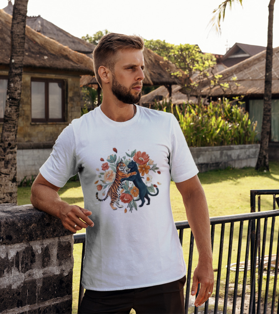 Tiger Black Panther Embrace Floral Bouquet Watercolor T-Shirt