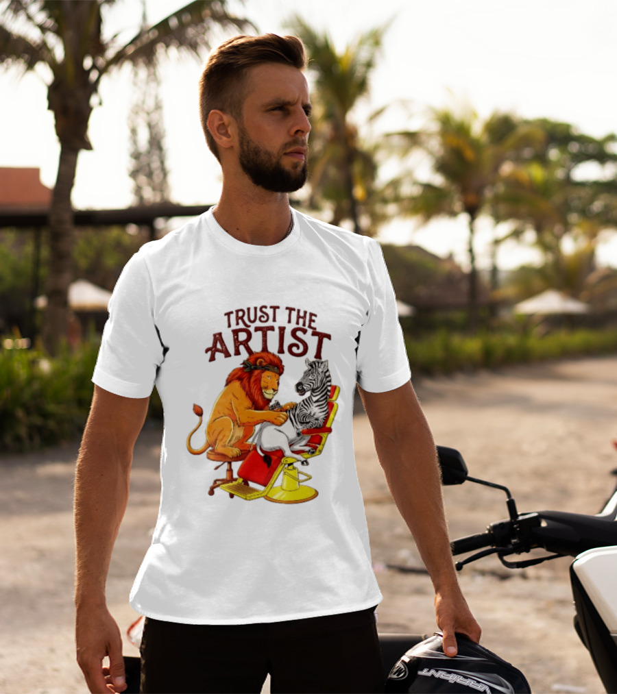 Trust The Artist Lion Tattooing Zebra In Barber Chair T-Shirt