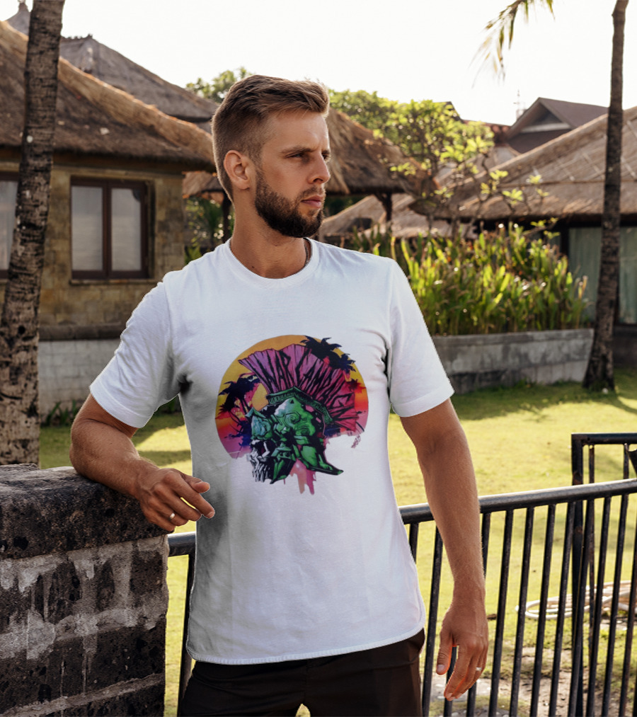 Warcraft Skull Spartan Helmet Tropical Sunset T-Shirt