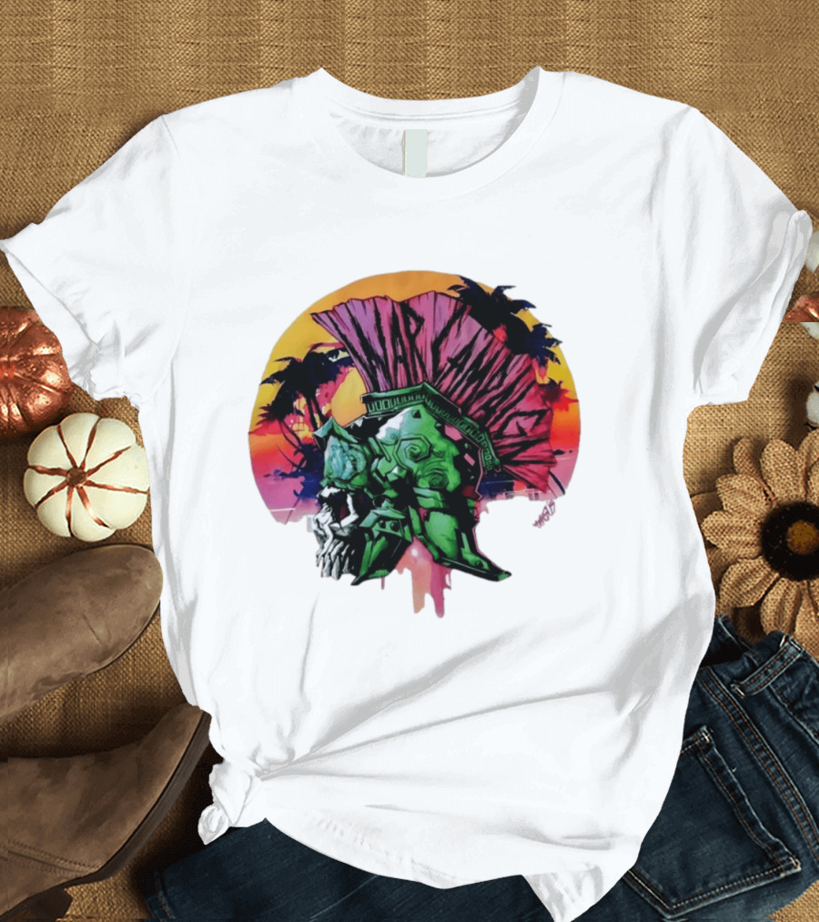 Warcraft Skull Spartan Helmet Tropical Sunset T-Shirt