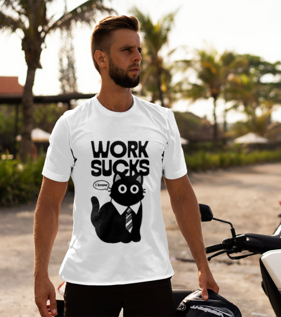 Work Sucks I Know Cartoon Black Cat T-Shirt
