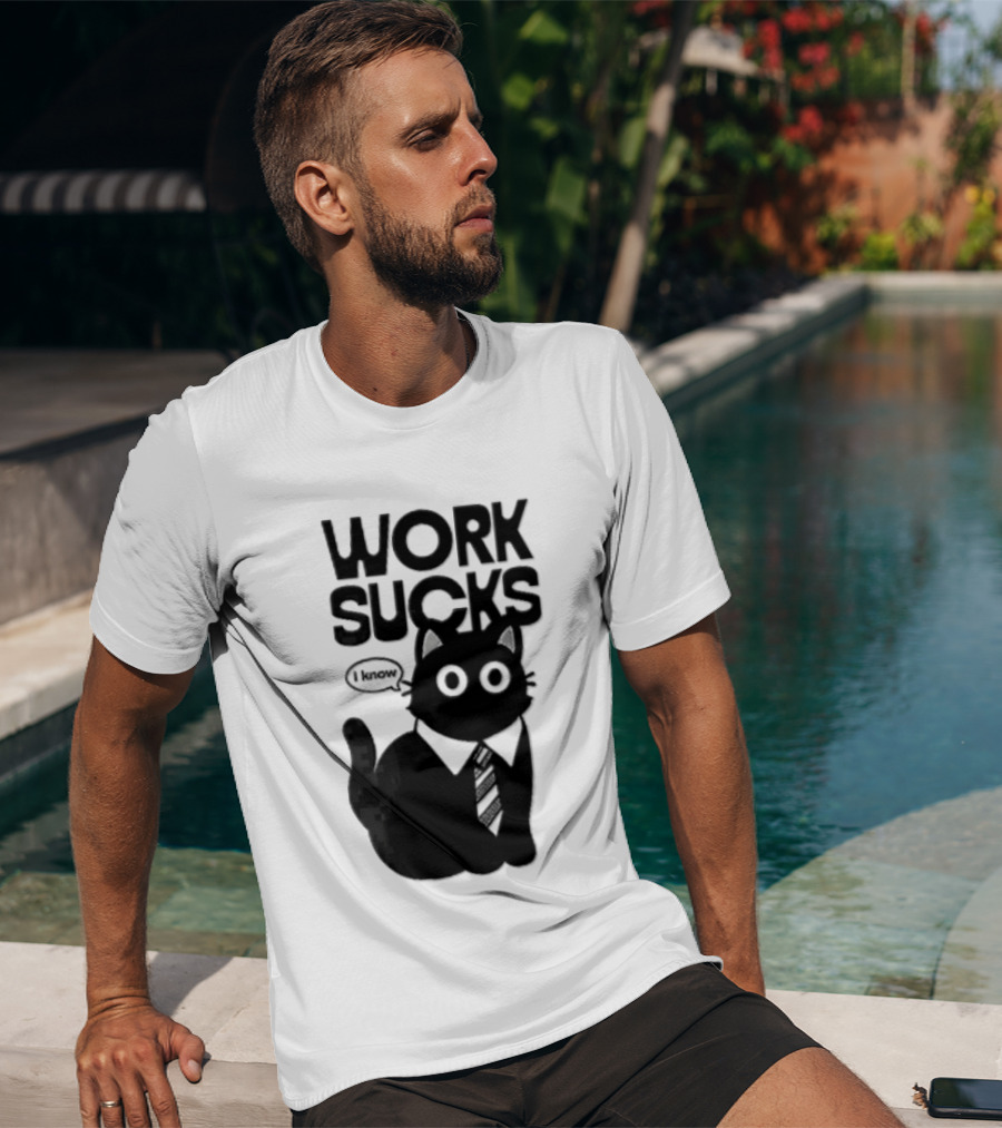 Work Sucks I Know Cartoon Black Cat T-Shirt