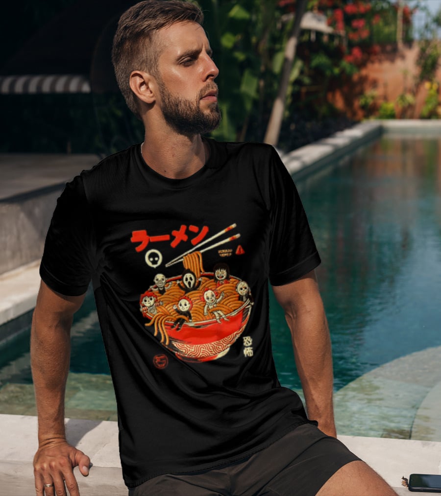 Chucky Ghostface Kayako Michael Myers Pennywise Jason Voorhees Ramen Horror Characters Eat Scream T-Shirt