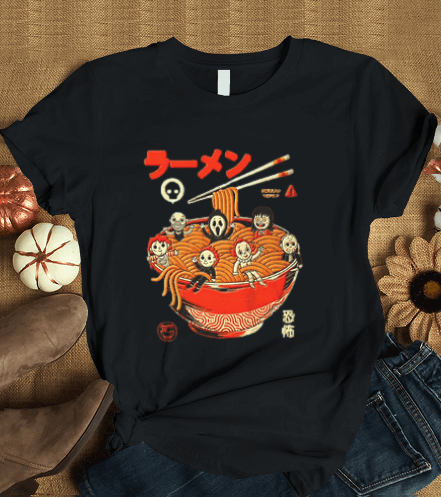 Chucky Ghostface Kayako Michael Myers Pennywise Jason Voorhees Ramen Horror Characters Eat Scream T-Shirt