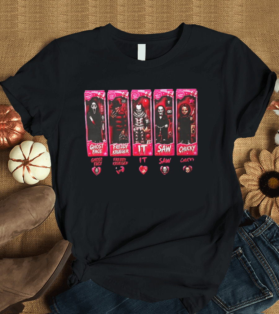 Ghost Face Freddy Krueger IT Saw Chucky Horror Characters Cards Collectible Toy Box Hearts T-Shirt