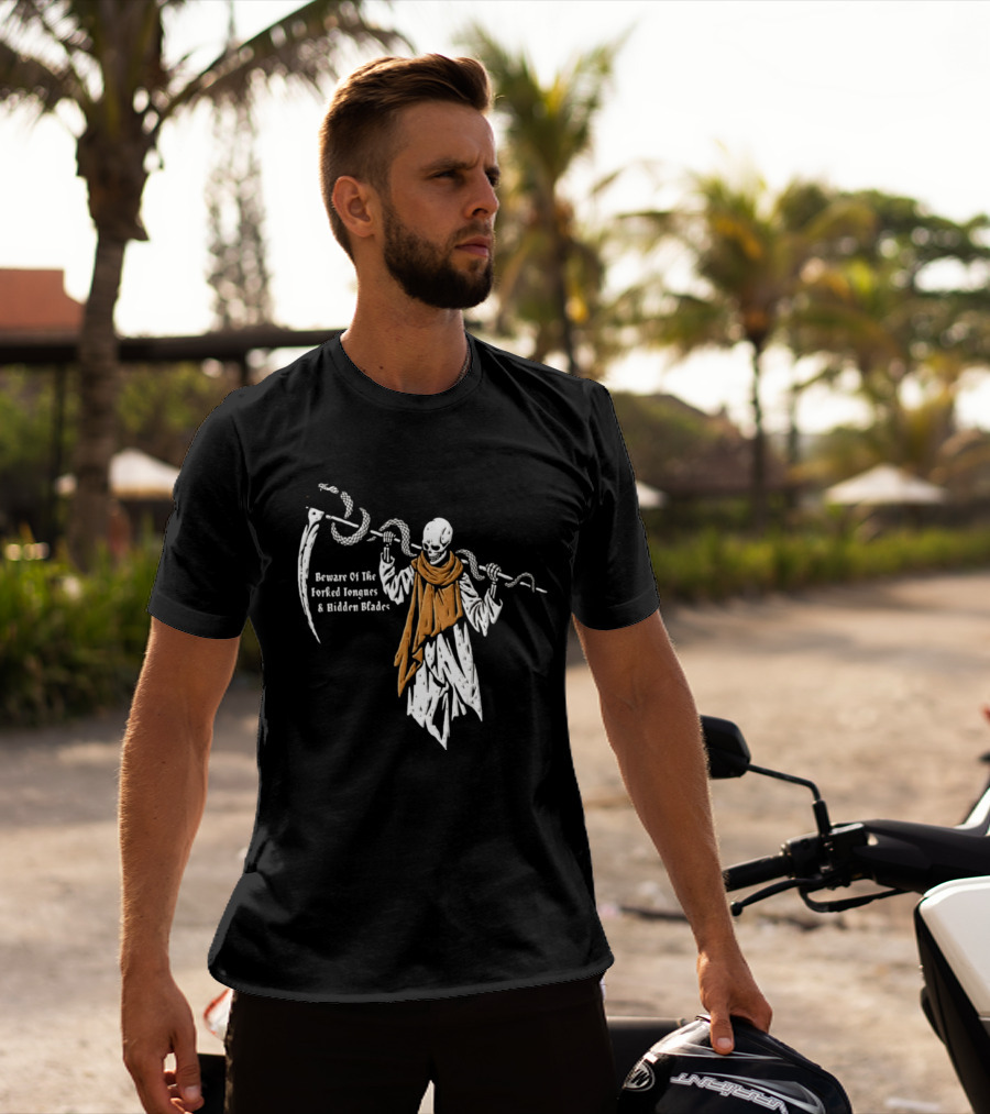 Beware Of The Forked Tongues And Hidden Blades Grim Reaper Snake T-Shirt