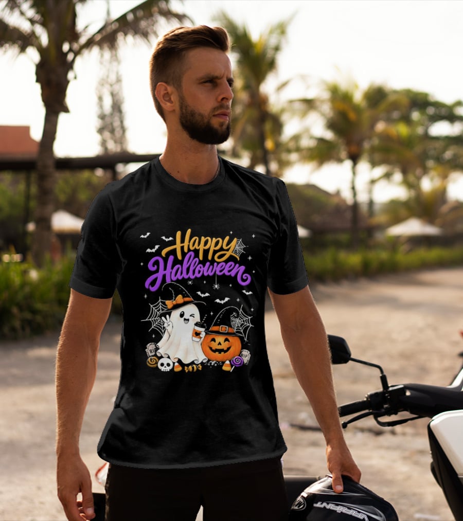 Happy Halloween Ghost Pumpkin Candy And Spider Webs T-Shirt