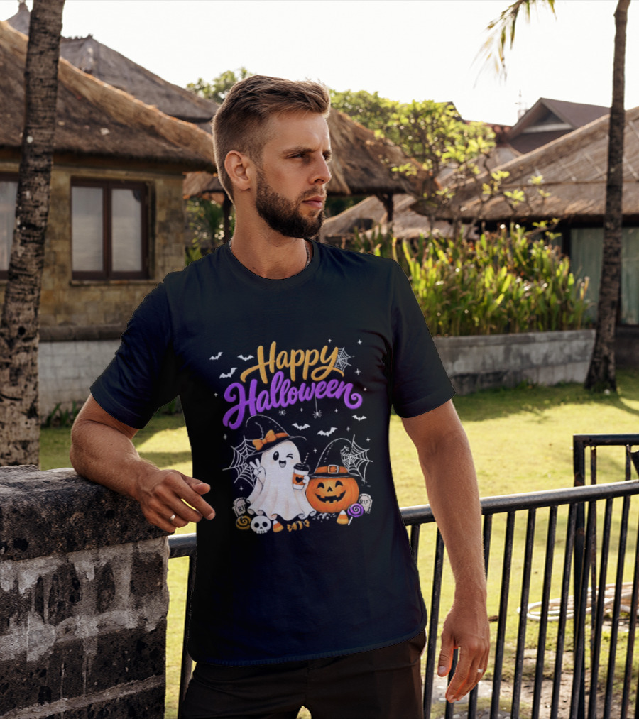 Happy Halloween Ghost Pumpkin Candy And Spider Webs T-Shirt