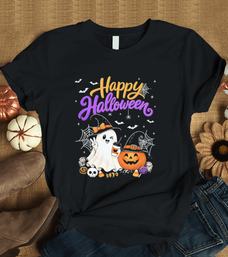 Happy Halloween Ghost Pumpkin Candy And Spider Webs T-Shirt