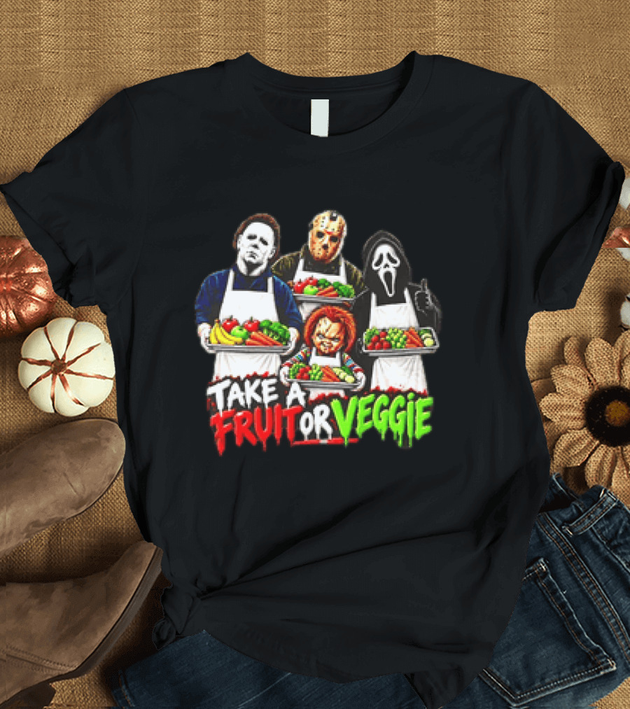 Michael Myers Jason Voorhees Ghostface Chucky Horror Movie Take A Fruit Or Veggie T-Shirt