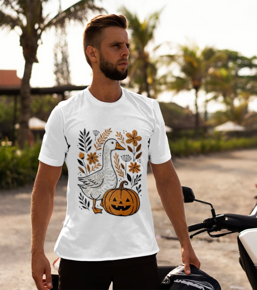 Goose With Jack O' Lantern Pumpkin Autumn Leaves And Flowers T-Shirt