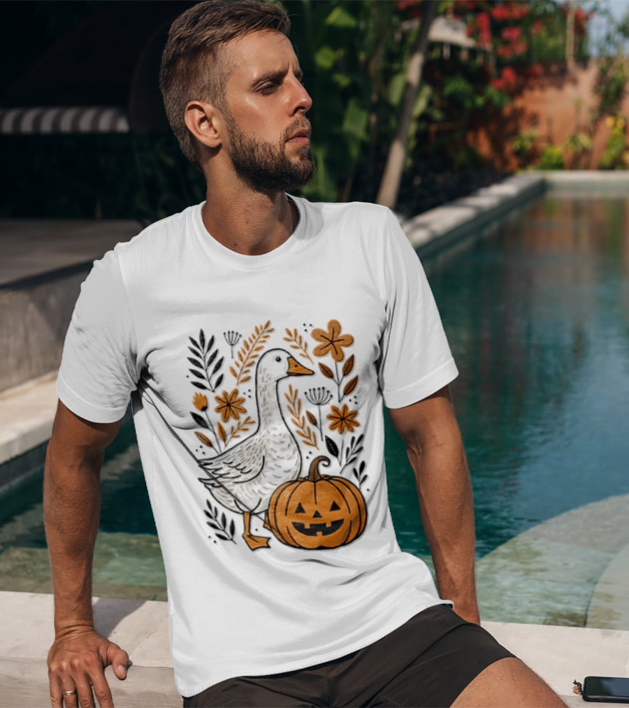 Goose With Jack O' Lantern Pumpkin Autumn Leaves And Flowers T-Shirt