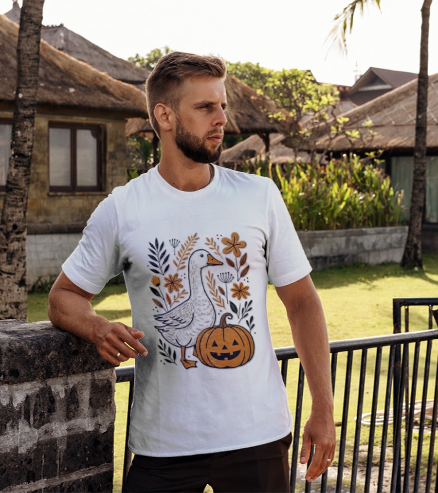 Goose With Jack O' Lantern Pumpkin Autumn Leaves And Flowers T-Shirt