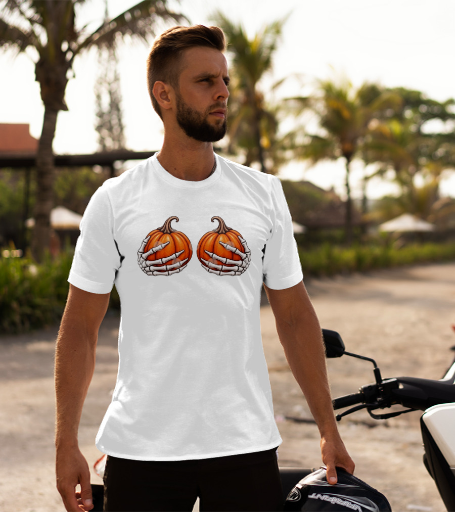 Skeleton Hands Holding Pumpkins Halloween Scary Realistic T-Shirt
