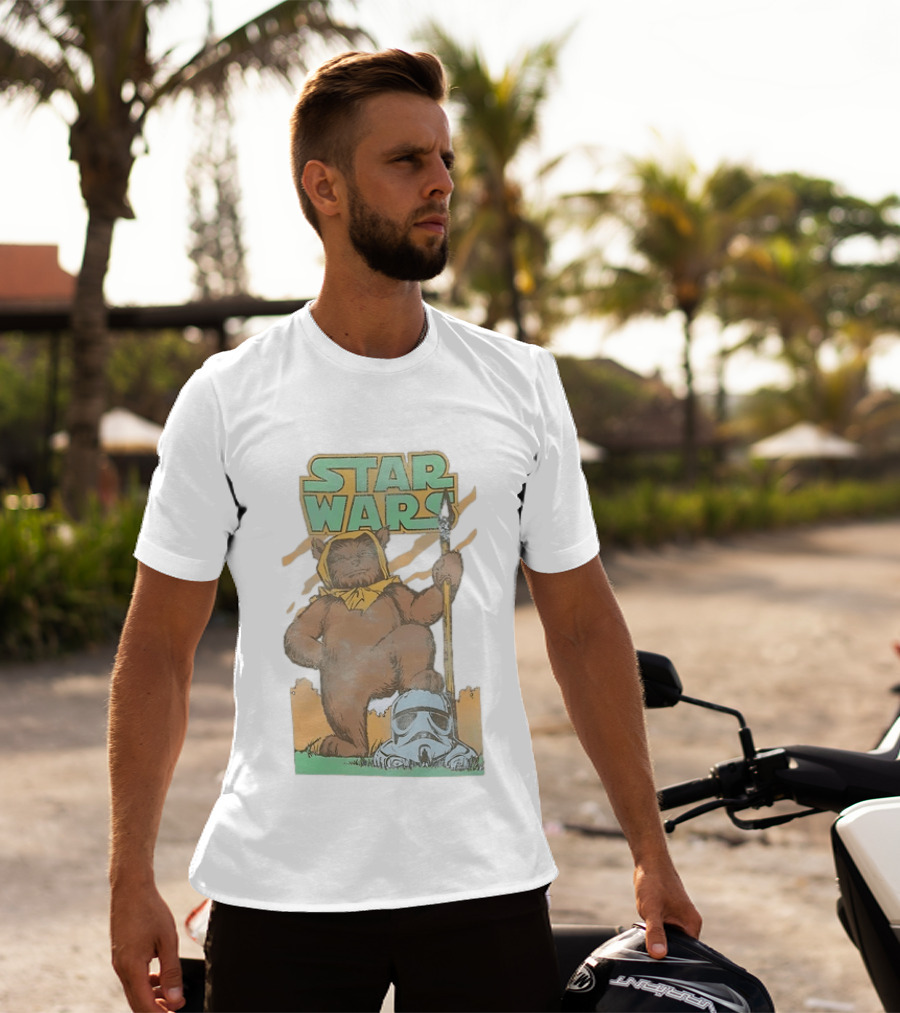 Star Wars Ewok Holding Spear With Stormtrooper Helmet T-Shirt