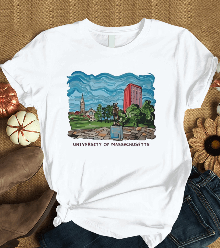 University Of Massachusetts Landmark Campus Scene Tower And Trees T-Shirt