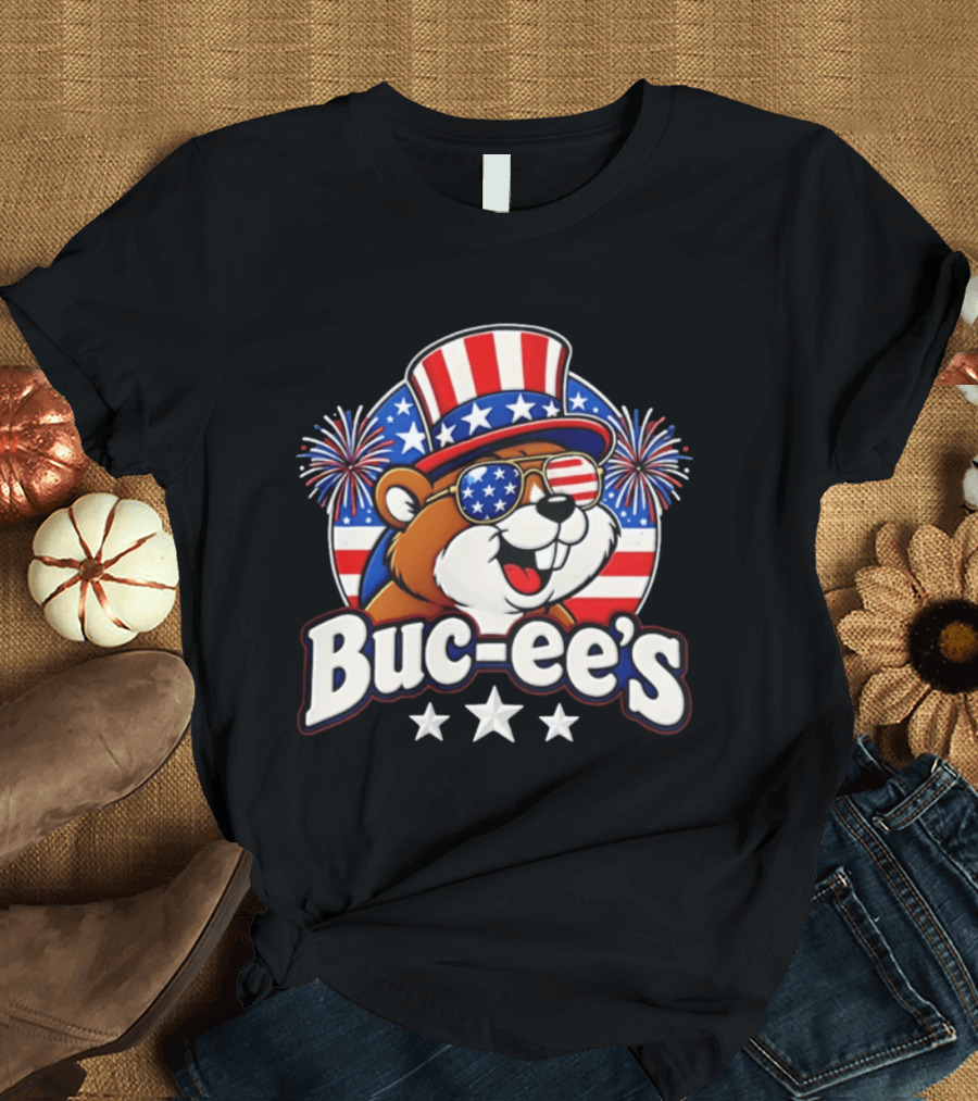 Buc Ee's Patriotic Beaver Fireworks Hat And Sunglasses Celebration T-Shirt