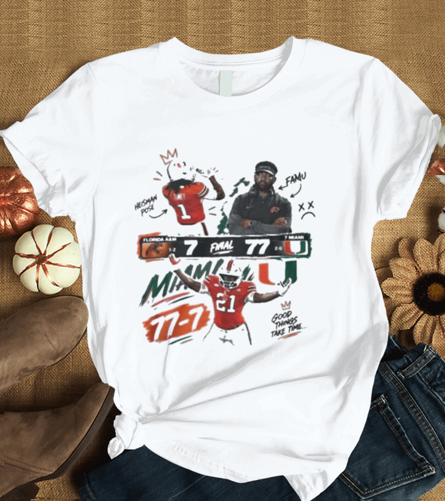 Miami 77 Final Florida A&M 7 College Football Game Highlights T-Shirt