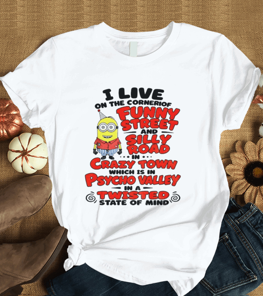 I Live On Funny Street Silly Road Crazy Town Psycho Valley Twisted State Of Mind T-Shirt