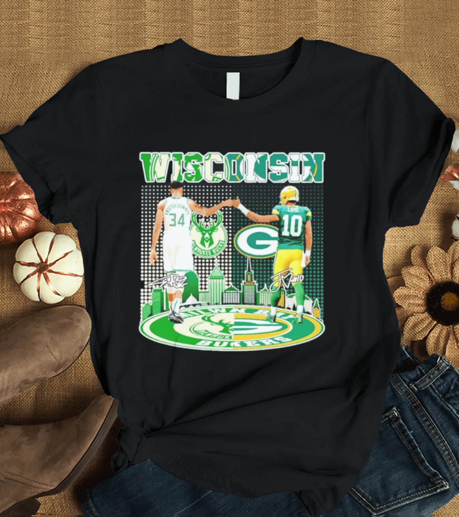 Wisconsin Milwaukee Bucks Giannis Antetokounmpo Green Bay Packers Jordan Love T-Shirt