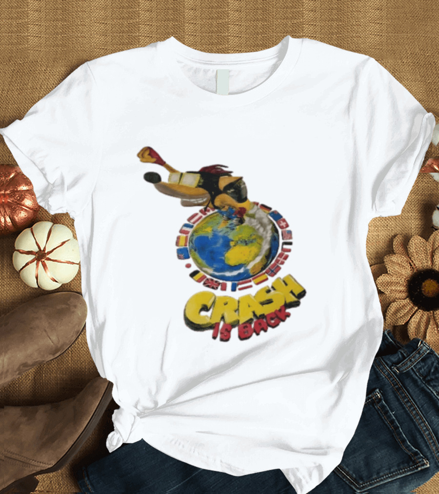 Crash Is Back Jetpack Adventure World Flags Globe Cartoon T-Shirt